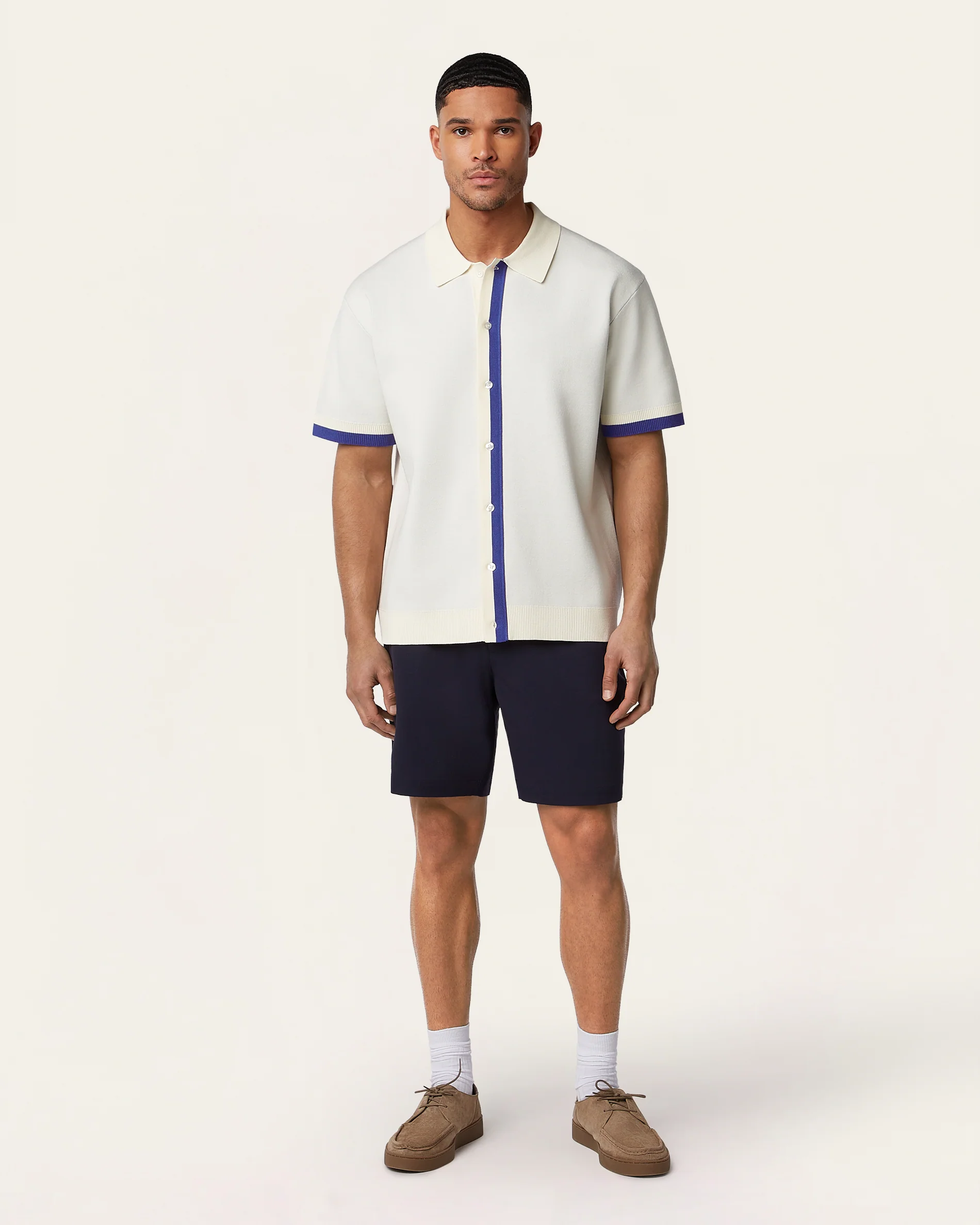 Jacquard Short Sleeve Shirt Off White / Cobalt Blue - Image 6
