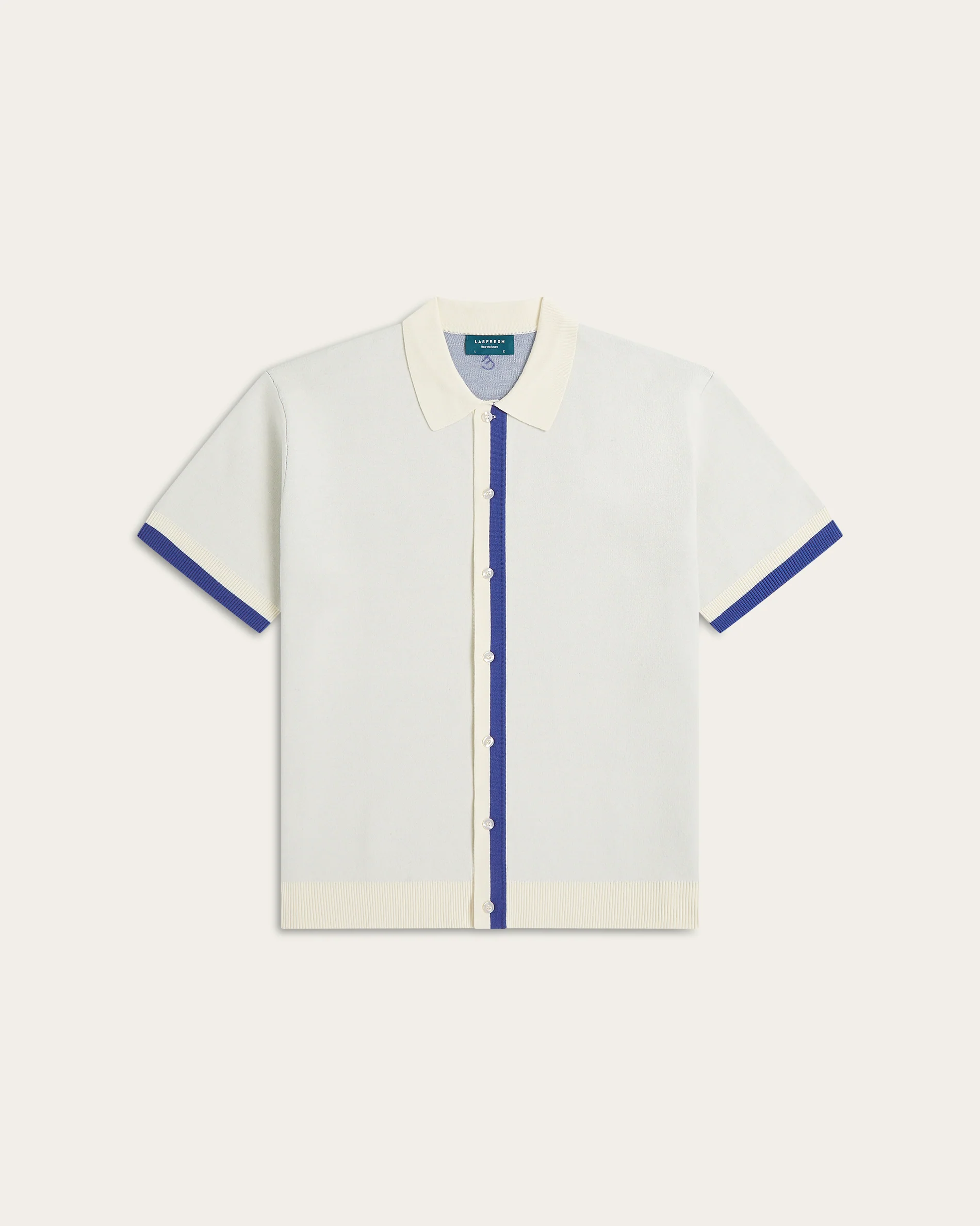 Jacquard Short Sleeve Shirt Off White / Cobalt Blue - Image 7