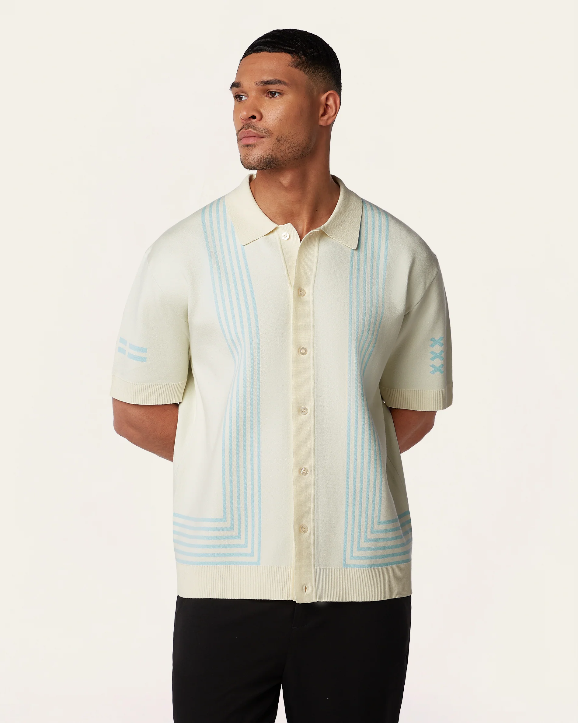 Jacquard Short Sleeve Shirt Off White / Light Blue - Image 6